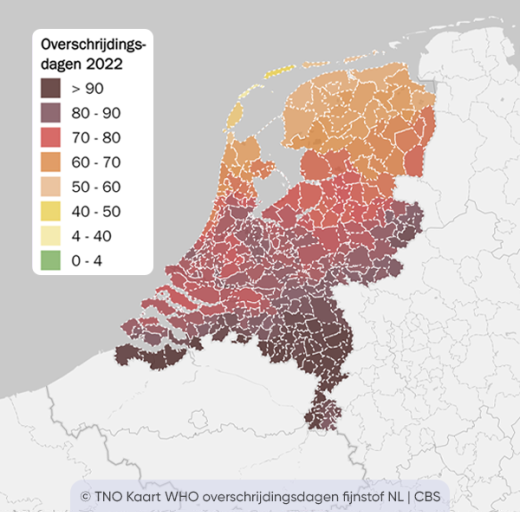 TNO kaart WHO overschrijdingsdagen fijnstof 2022