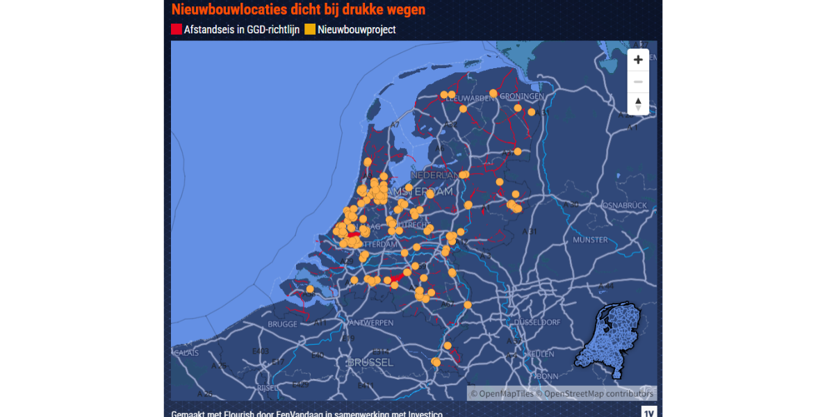 Nieuwbouwlocaties dicht bij drukke wegen. Bron: Investico-EenVandaag (18-06-2024)