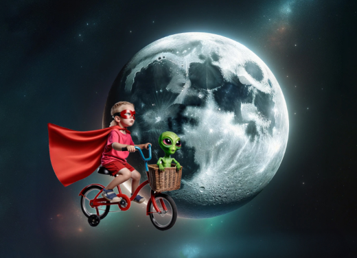 ET-meisje fietst rond aarde